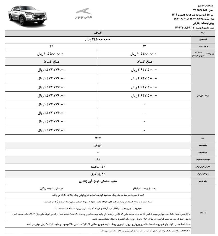 شرایط فروش اقساطی پیکاپ T8 کرمان موتور