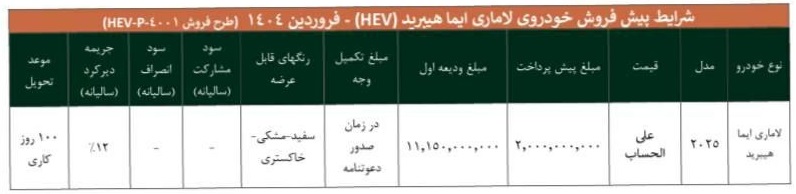 شرایط فروش لاماری ایما هیبرید