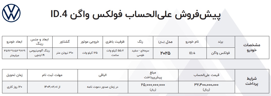 فروش خودرو فولکس واگن ID4 