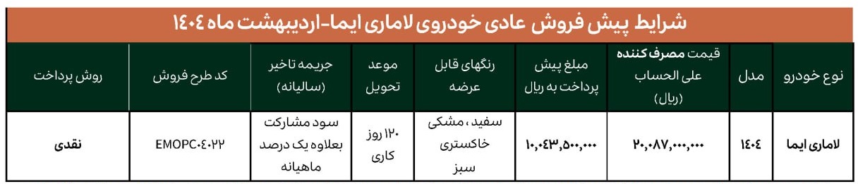 شرایط جدید فروش لاماری ایما