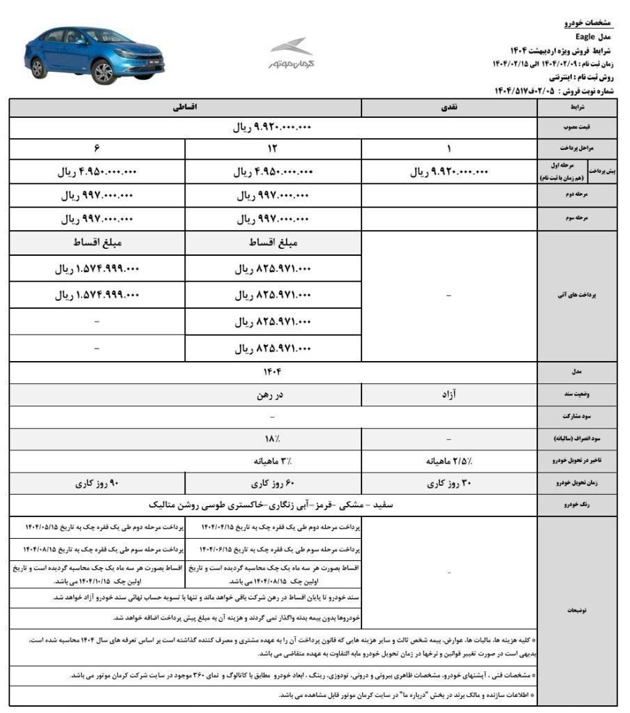 فروش نقد و اقساط کرمان موتور
