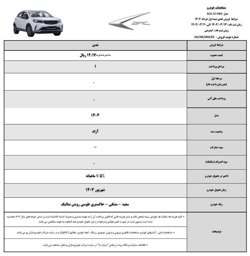 بخشنامه فروش خودرو BAC X3 پرو
